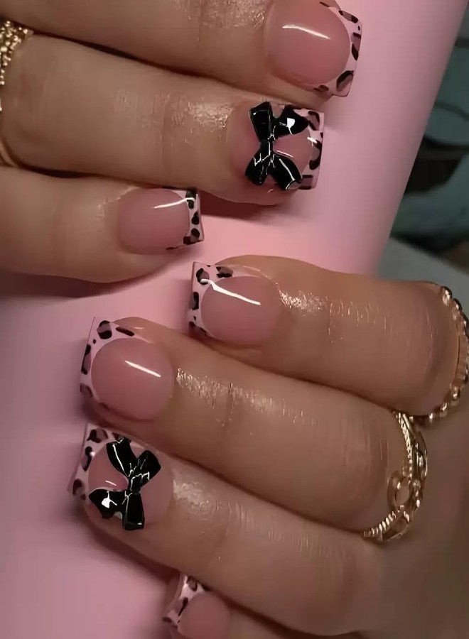 CTTHNBD Short Press on Nails Square Fake Nails French Tip False Nails with Leopard Print Design Acrylic Nails 3D Bow Charms Glue on Nails Glossy Full Cover Stick on Nails for Women Manicure 24Pcs - Image 1